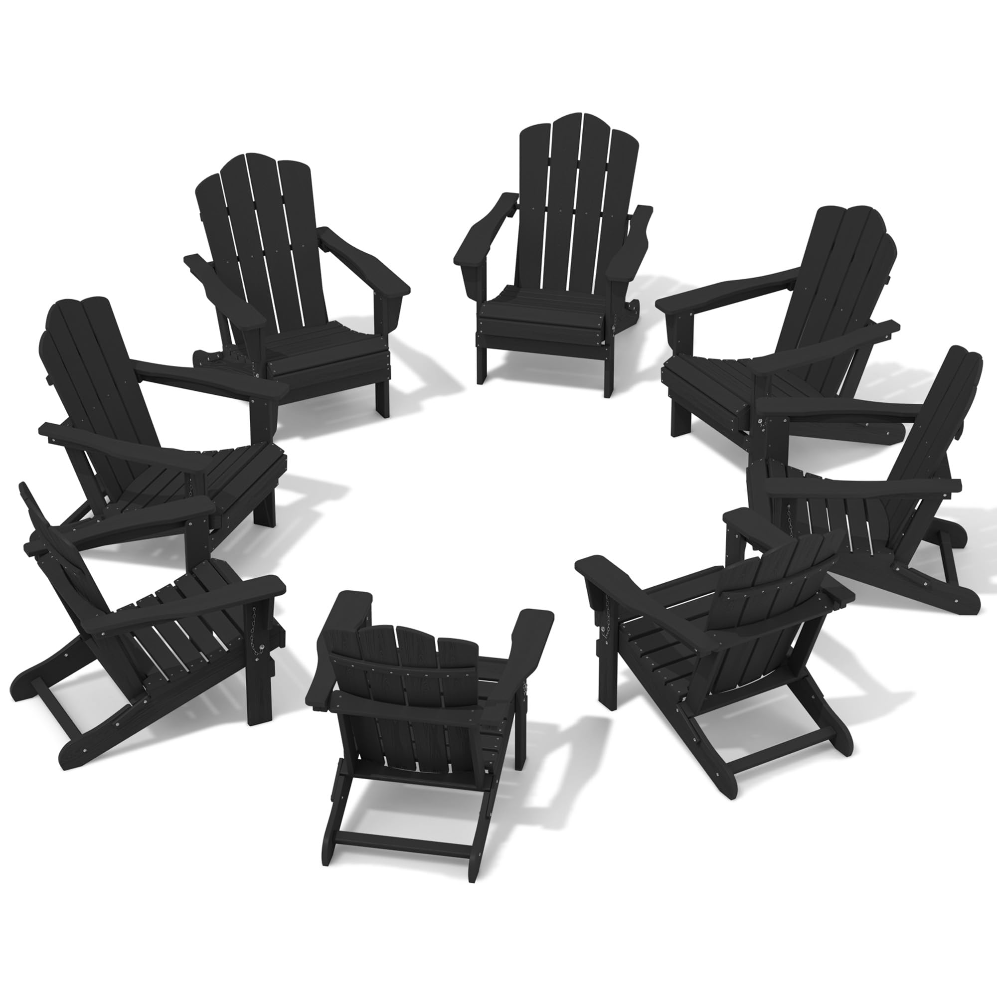 Kingyes Folding Adirondack Chair Set Of 8, Hdpe All-Weather Folding Adirondack Chairs, Outdoor Patio Adirondack Chair For Deck Lawn Fire Pit, Black